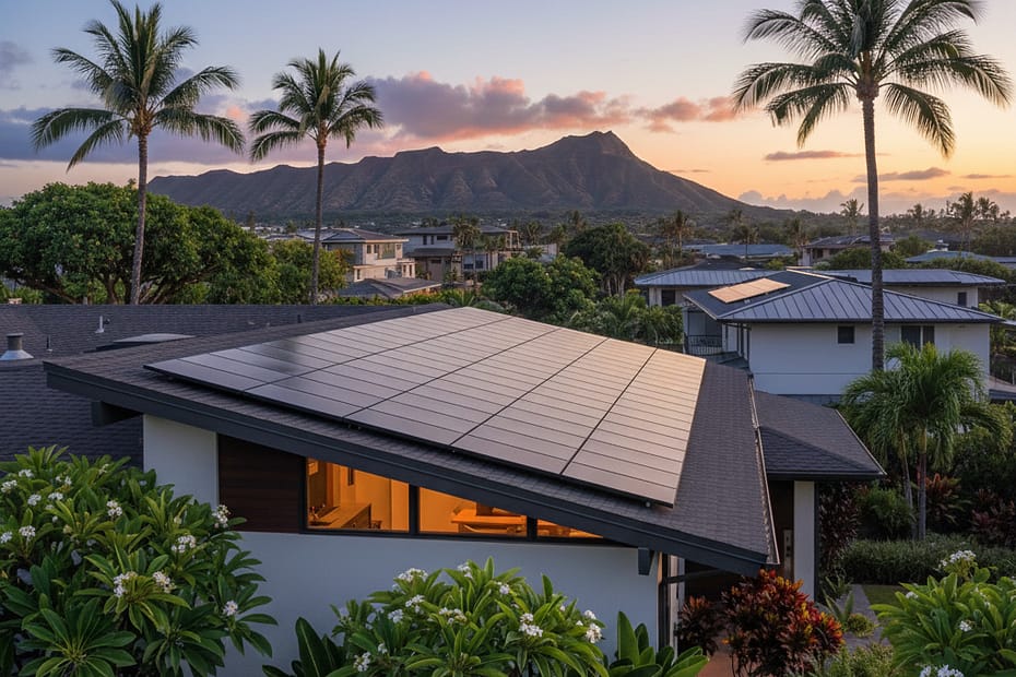 Solar panels on angled roof in Hawaii